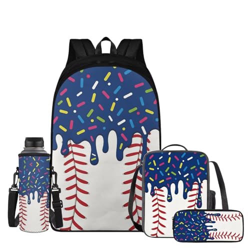 Navy Baseball Backpack for Boys 8-12 4 Piece Kids Ice Cream Backpack with Lunchbox Reinforced Pencil Case Water Bottle Slot Back to School Practical Gifts - color: Navy