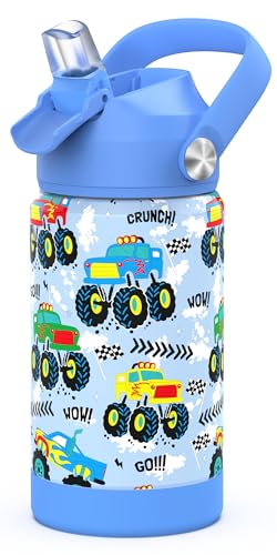 Monster Truck Boys Insulated Water Bottle with Straw,12 oz Kids Cups with Stainless Steel Leak Proof for School Daycare - color: A10.Monster Truck, style: 1Pack