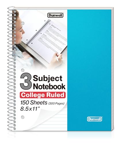Dunwell 3 Subject Notebook College Ruled (Blue), 150 Sheets (300 Pages), Spiral Notebook 8.5 x 11, Plastic Cover, 3 Pocket Divider Folders, 3-Hole Punched Perforated Paper - color: Blue
