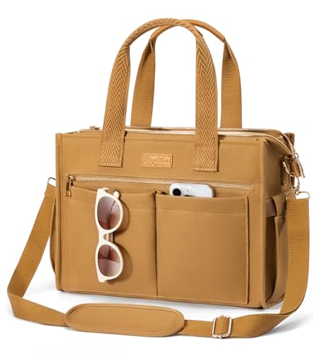 Canvas Tote Bag for Women, 15-Pockets Work Laptop Tote Purse Large Crossbody Nurse Teacher Bible Bag for School Travel Daily | with Strap & Zipper - color: M3.brown, size: Medium-14inch