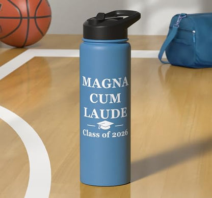 Magna Cum Laude Class Of 2026 Distinction Degree Graduation Stainless Steel Insulated Water Bottle - color: Light Blue