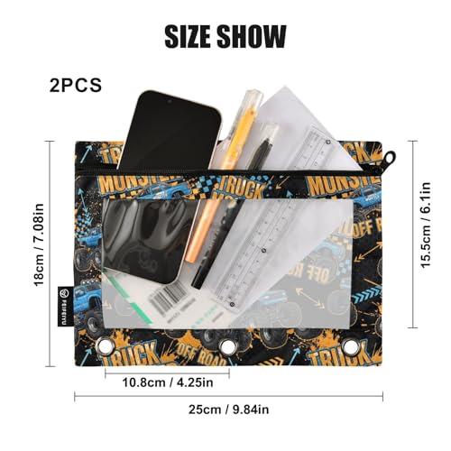 Emelivor Truck Cool Black Pencil Pouch for 3 Ring Binder 2 Pack Large Capacity Pencil Pouches with Zipper Clear Binder Pencil Case Bag for Office College Daily Supplies - color: 26-Truck Cool