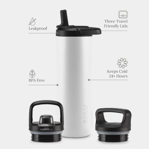 ZULU Base 24oz Stainless Steel Water Bottle with 3 Lids- Straw, Chug, Twist | Double Walled and Vacuum Insulated Metal Thermos | Fits Car Cupholder, Built in Carry Loop, Dishwasher Safe, White - color: White, style: 24oz