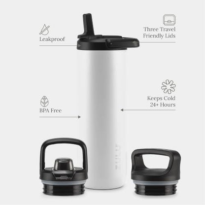 ZULU Base 24oz Stainless Steel Water Bottle with 3 Lids- Straw, Chug, Twist | Double Walled and Vacuum Insulated Metal Thermos | Fits Car Cupholder, Built in Carry Loop, Dishwasher Safe, White - color: White, style: 24oz