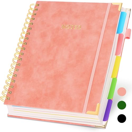 Hardcover Spiral Notebook with Dividers Tabs, 300 Pages 8"x10"(B5) Leather 5 Subject Notebook, Large Journal for Work School Note Taking, Journal for Women, Pink - color: 1-pink