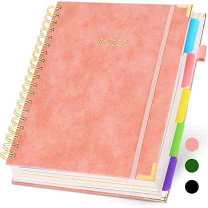 Hardcover Spiral Notebook with Dividers Tabs, 300 Pages 8"x10"(B5) Leather 5 Subject Notebook, Large Journal for Work School Note Taking, Journal for Women, Pink - color: 1-pink