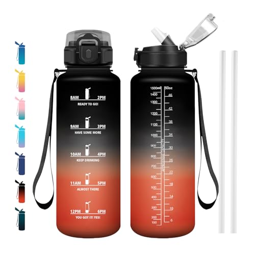 Water Bottle 1.5 L, with Time Marking & Straw, Sports Water Bottle for Gym, Bike, Office, Outdoor, Adults, School - color: Black and Red, size: 50.7 Ounces