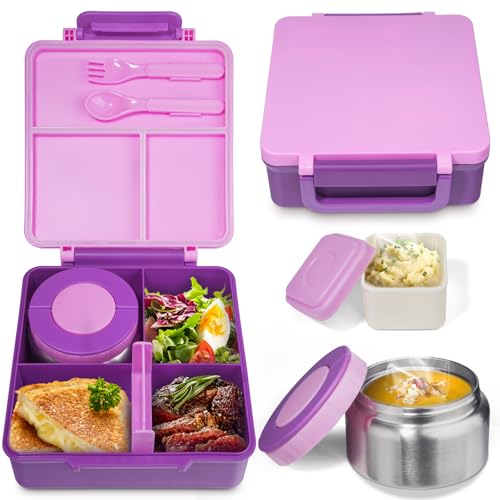 SOHIDA Bento Box with 10oz Soup Thermo: Kids Leakproof Lunch Box with 3 Compartments - Dishwasher Safe and BPA-Free - Vacuum Insulated Food Jar Suitable for Kids Back to School, Travel - Purple - color: Purple