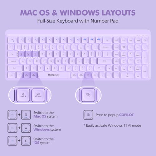Purple Wireless Keyboard and Mouse Combo for Desktop Mac iPad Bluetooth 2.4 Ghz Rechargeable Slim Silent Click with Number Pad Compatible with Pc, Laptop, Tablet (Purple) - color: Purple