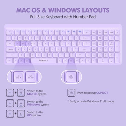 Purple Wireless Keyboard and Mouse Combo for Desktop Mac iPad Bluetooth 2.4 Ghz Rechargeable Slim Silent Click with Number Pad Compatible with Pc, Laptop, Tablet (Purple) - color: Purple