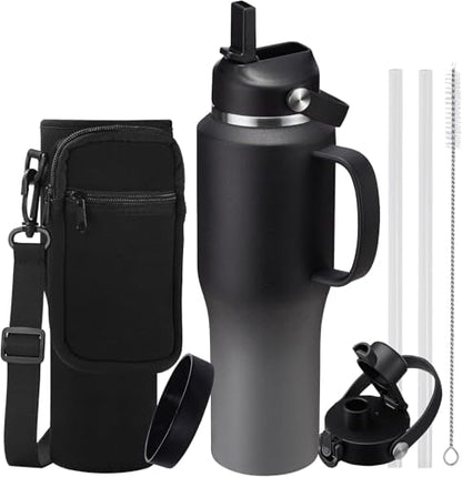 Insulated Water Bottle 32 OZ - with Straw & Pop-up Spout Lid, Keep Cold-48H Hot-12H, Stainless-Steel with handle for Women Men, Metal Flask Water Bottle Fits in Cup Holder - color: Black&Grey with handle, size: 32 Ounces