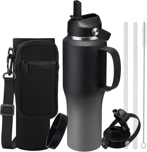 Insulated Water Bottle 32 OZ - with Straw & Pop-up Spout Lid, Keep Cold-48H Hot-12H, Stainless-Steel with handle for Women Men, Metal Flask Water Bottle Fits in Cup Holder - color: Black&Grey with handle, size: 32 Ounces