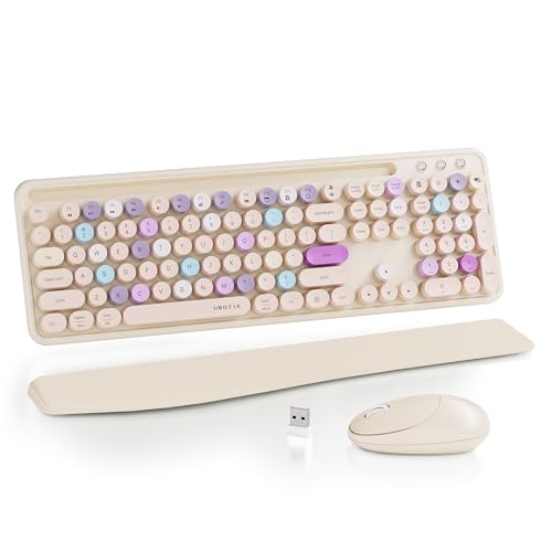 UBOTIE Ergonomic Wireless Keyboard and Mouse Combo with Phone Holder Wrist Rest, Round Colorful Keys, Power Switches, 2.4GHz USB Receiver, Full - color: Khaki