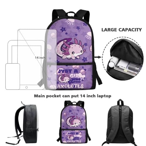 CLOHOMIN Purple Axolotl Backpack and Lunch Box Set Cute Book Bag with Lunch Bag Water Bottle Carrier 3 in 1 High School Bookbag Grade 9-12 Student School Bag for Kids Girls 7st Grade Lunch Tote Bag - color: Cute Purple Axolotl