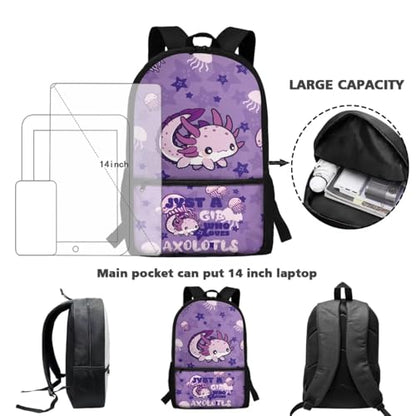 CLOHOMIN Purple Axolotl Backpack and Lunch Box Set Cute Book Bag with Lunch Bag Water Bottle Carrier 3 in 1 High School Bookbag Grade 9-12 Student School Bag for Kids Girls 7st Grade Lunch Tote Bag - color: Cute Purple Axolotl