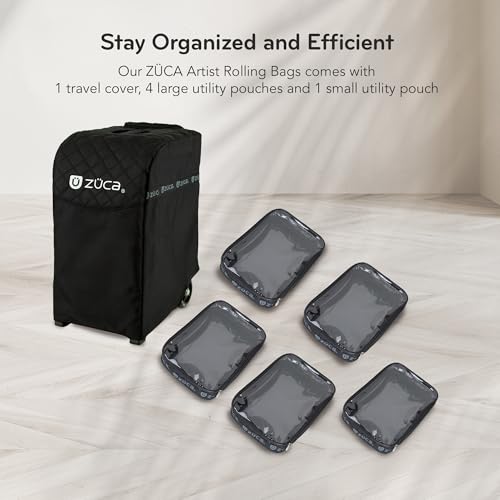 ZUCA Travel Cases for Artists & Professionals - Makeup Case with 4 Vinyl Utility Pouches, Travel Cover, 41" Telescoping Handle, Rolling Wheels & Sturdy Aluminum Frame for Makeup Artists and Creatives - color: Black w/ Silver Frame, style: Pro