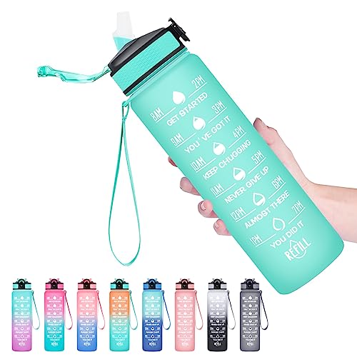 Hyeta Water Bottle with Straw & Time Marker, Plastic 32oz Leakproof | Motivational Tritan BPA Free Gym Office Outdoor Intake Tracker Hourly Reminder Straw Lid Carry Strap - color: Mint Matte