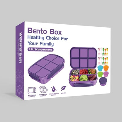Amathley Lunch Box Kids Girls Boys,Bento Box Adult,Toddler Lunch Containers for School,Leakproof Snack Containers with 6 Compartments,Sauce Container,10 Food Picks and 4 Muffin Cups (Purple) - color: Purple