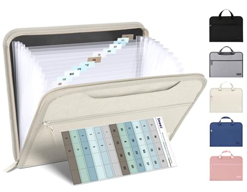 Sooez Accordion File Organizer with Handle, 12-Pocket Expanding File Folder | Durable Cloth Material, Portable Handle, Important Document Folder, Organizer for Letter/A4, School Classroom Home Supplies - color: Ivory