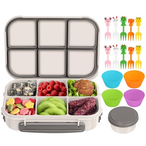 Amathley Lunch Box Kids Girls Boys,Bento Box Adult,Toddler Lunch Containers for School,Leakproof Snack Containers with 6 Compartments,Sauce Container,10 Food Picks and 4 Muffin Cups (White) - color: White