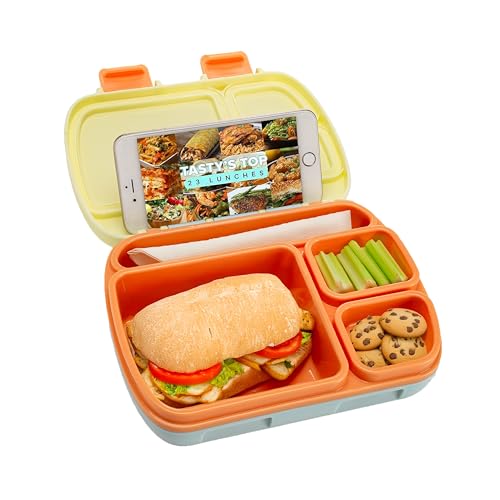 Tasty Bento Style Lunch Box, 4 Compartments with Built-In Phone Stand, BPA-Free Plastic, Portable Food Storage Container, Aqua - color: Aqua