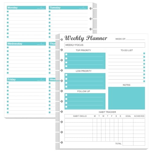 Weekly Planner Undated Refills - Letter Size 53 Sheets/106 Pages Weekly Planner for 11-Disc Discbound, TUL, 100 gsm White Paper, Lasts 1 Year, Undated, 8.5" x 11", Teal - size: 1-Pack, style: 11-Disc/Letter Size
