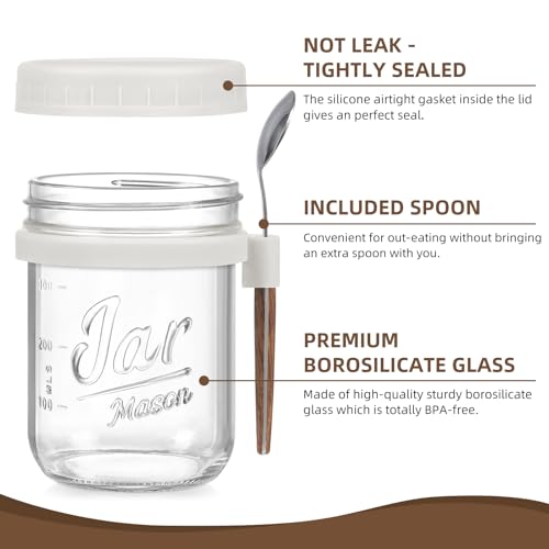 LANDNEOO 4 Pack Overnight Oats Containers with Lids and Spoons, 16 oz Glass Mason Jars with Airtight Lids, Overnight Oats Jars for Milk, Cereal, Fruit-White - color: White