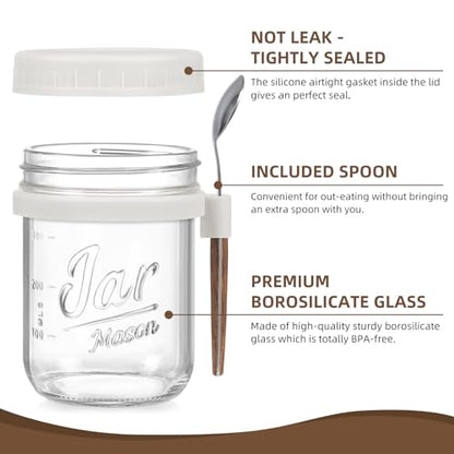 LANDNEOO 4 Pack Overnight Oats Containers with Lids and Spoons, 16 oz Glass Mason Jars with Airtight Lids, Overnight Oats Jars for Milk, Cereal, Fruit-White - color: White