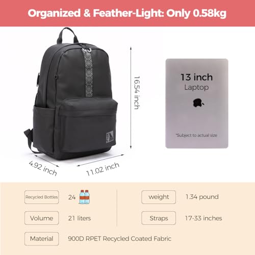 INUK Recycled Laptop Backpack for Women Men, 900D Waterproof Lightweight Travel Daypack, Airline Approved Carry On TSA Personal Item fits 13 Inch Laptop, Weekender Overnight with Luggage Strap, Black - color: Polar Night Black