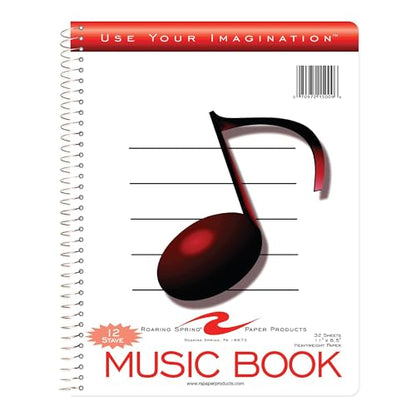 Roaring Spring Music Wire Bound Notebook, 12 Staves of Music Lines, 11" x 8.5", 32 Sheets Heavyweight Smooth White Paper (Pack of 1)