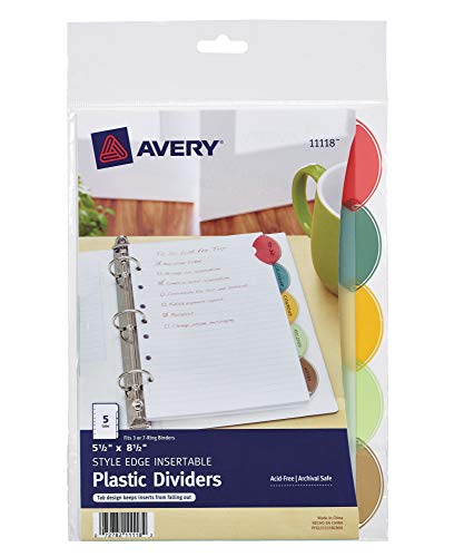 Avery Insertable Style Edge Plastic Mini Dividers for 3 Ring Binders, 5.5" x 8.5", 5-Tab Set, Multicolor, 1 Set (11118)