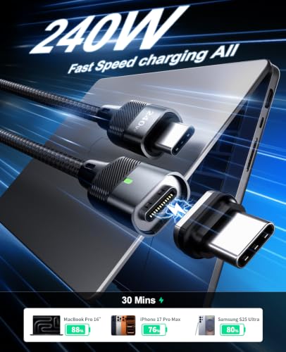 USB C Magnetic Charging Cable 240W [2Pack, 4ft] 24Pin USB C Magnetic Cable to USB C Fast Charger Data Cable, Magnetic Tip Fit All USB-C Cable for iPhone 17 16 15 Pro Max iPad MacBook, Sumsung,Laptop - size: 4FT