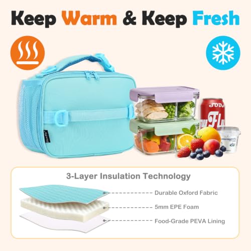 FlowFly Kids Lunch Bag, Durable Insulated School Lunch Box with Shoulder Strap and Bottle Holder, Water-resistant Thermal Small Lunch Cooler Tote for Teen Boys & Girls,Light Blue - color: Light#Blue