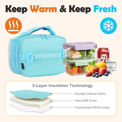 FlowFly Kids Lunch Bag, Durable Insulated School Lunch Box with Shoulder Strap and Bottle Holder, Water-resistant Thermal Small Lunch Cooler Tote for Teen Boys & Girls,Light Blue - color: Light#Blue