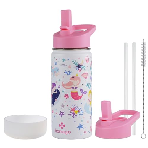 16 oz Stainless Steel Insulated Kids Water Bottle, Leak Proof Metal Thermal Flask with Straw lid, Cute Toddler Tumbler Cup for School Girls & Boys (White, Mermaid) - color: White, Mermaid