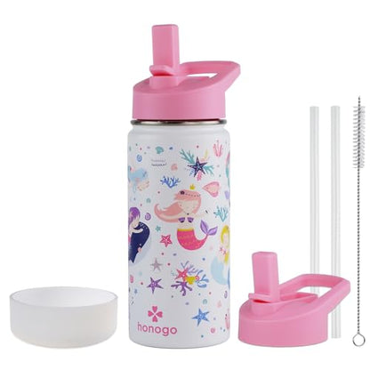 16 oz Stainless Steel Insulated Kids Water Bottle, Leak Proof Metal Thermal Flask with Straw lid, Cute Toddler Tumbler Cup for School Girls & Boys (White, Mermaid) - color: White, Mermaid