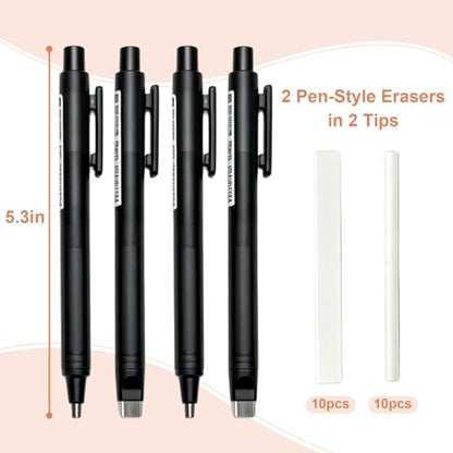 4 Pack Retractable Mechanical Eraser Pen Set (4 Black) with 20 Refills (10 Rectangular,10 Round Tips), Precision Erasers for Artists Drawing, Office & Students - color: Black