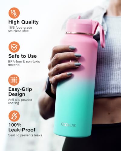 Coolflask 40 oz Water Bottle Insulated with Straw & 3 Leakproof Lids | Water Flask Stainless Steel Triple-Wall Vacuum,Cold 48+h,Dishwasher Safe,Wide Mouth, BPA-Free,Carrier Bag,for Gym,Hiking - color: Bubblegum Princess, size: 40 Ounces