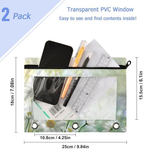 Studying 2 Pack Beautiful Natural White Daisy Flowers 3 Ring Binder Pencil Pouch Bags,Clear Window Zipper Storage Case for Boys Girls School Office Supplies Cosmetics Organizers - color: Multi-daisy