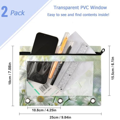 Studying 2 Pack Beautiful Natural White Daisy Flowers 3 Ring Binder Pencil Pouch Bags,Clear Window Zipper Storage Case for Boys Girls School Office Supplies Cosmetics Organizers - color: Multi-daisy