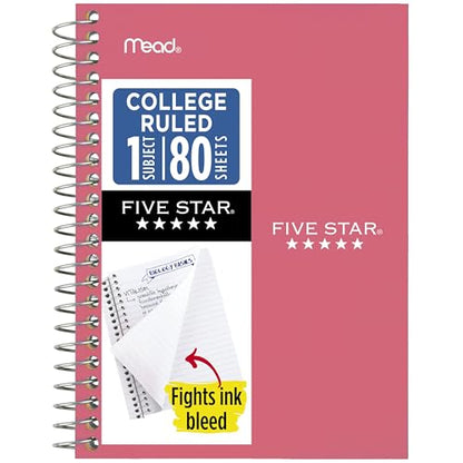 Five Star Spiral Notebook, 1 Subject, College Ruled Paper, 4-3/8" x 7", Personal Size, 80 Sheets, Fights Ink Bleed, Water Resistant Cover, Prom Pink (450048R) - color: Prom Pink