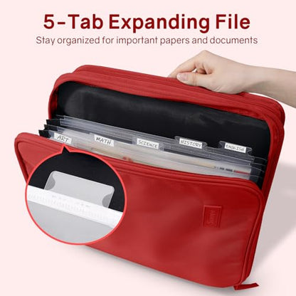 SUNEE Zippered Binder Bag with Handle, 2-Inch 3-Ring O-Ring, 500-Sheet Capacity, Includes Zip Pocket, 5-Tab Expanding File Folder, Multi-Pocket Organizer Binder for Middle School, Bright Red - color: Bright Red
