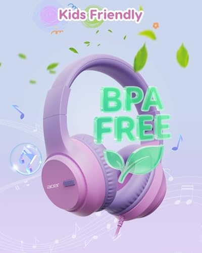 Acer Kids Headphones, 74/85/94dB Volume Limiter, Foldable Wired Over Ear Headphones for Travel, 3.5mm Jack, Toddler Headphones for School, iPad, Chromebook, Tablet, Pink Purple - color: Pink Purple