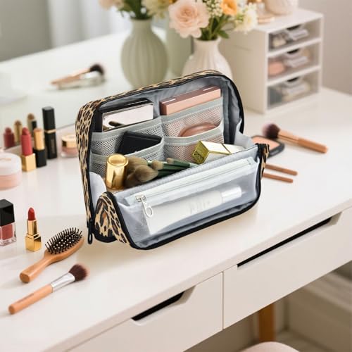 Brown Leopard Print Pencil Case Organizer, Large Capacity Stand-Up Pen Pouch with 3 Compartments, Foldable Makeup Bag for School Office Travel Supplies, 8.3 x 5.9 Inch - color: Leopard