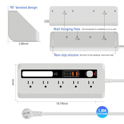 Desk Extension Lead with USB Slots, BOCHLION PD 35W + PD 20W Fast Charging Power Station with Night Light, 5 Way Plug Extension Socket Surge Protector, Desktop Power Strip 1.8M for Home Office (White) - color: White