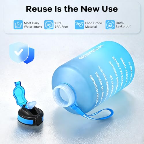 WEMEET 128oz Large Water Bottle with Straw and Time Marker, BPA FREE, 1 Gallon Reusable Motivational Water Bottle, for Gym, Travel, Camping, Hiking (Blue Blue) - color: Blue Blue