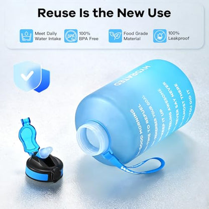 WEMEET 128oz Large Water Bottle with Straw and Time Marker, BPA FREE, 1 Gallon Reusable Motivational Water Bottle, for Gym, Travel, Camping, Hiking (Blue Blue) - color: Blue Blue