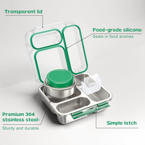 Pawtong Stainless Steel Bento Box Kids Adult with 7oz Insulated Food Jar, Transparent Lid Metal Lunch Box With Soup Thermal Jar, Lunch Box Container with Removable Divider & Sauce Cup School (Green) - color: Green