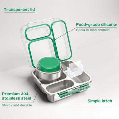 Pawtong Stainless Steel Bento Box Kids Adult with 7oz Insulated Food Jar, Transparent Lid Metal Lunch Box With Soup Thermal Jar, Lunch Box Container with Removable Divider & Sauce Cup School (Green) - color: Green