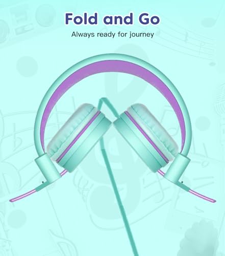 Cowyawn Kids Headphones, Toddler Headphone with Safe Volume Limiter 94dB, Wired School Headphones for Kid, 3.5mm Adjustable On-Ear Headphone for Boys/Girls/Children/Teens/iPad/Computer, Purple Green - color: Purple Green
